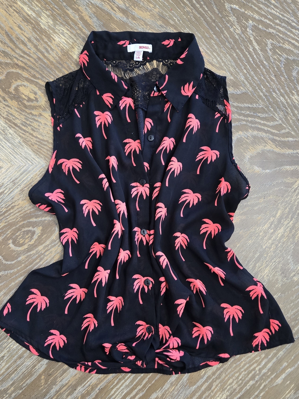 Bongo Black Pink Palm Tree Sleeveless Tie Front Lace Back Blouse Size L